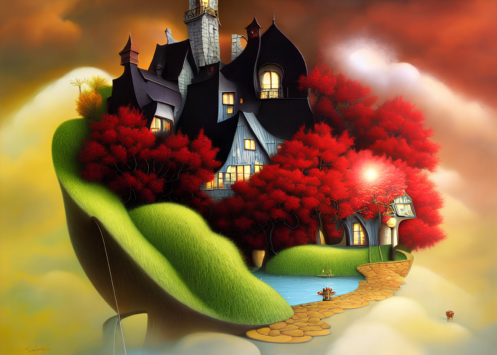 Whimsical house with red trees on floating island under sunset sky