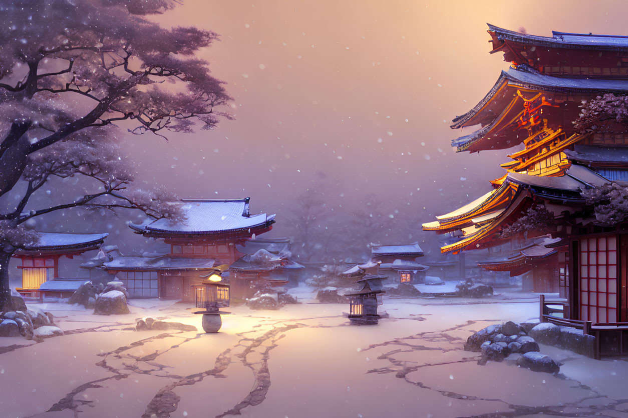 Snow-covered shrine with red torii gates and warm lights at twilight