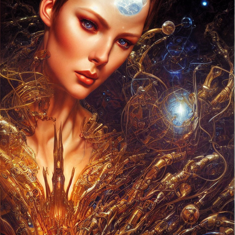 Detailed Steampunk Woman with Mechanical Elements and Glowing Blue Orbs