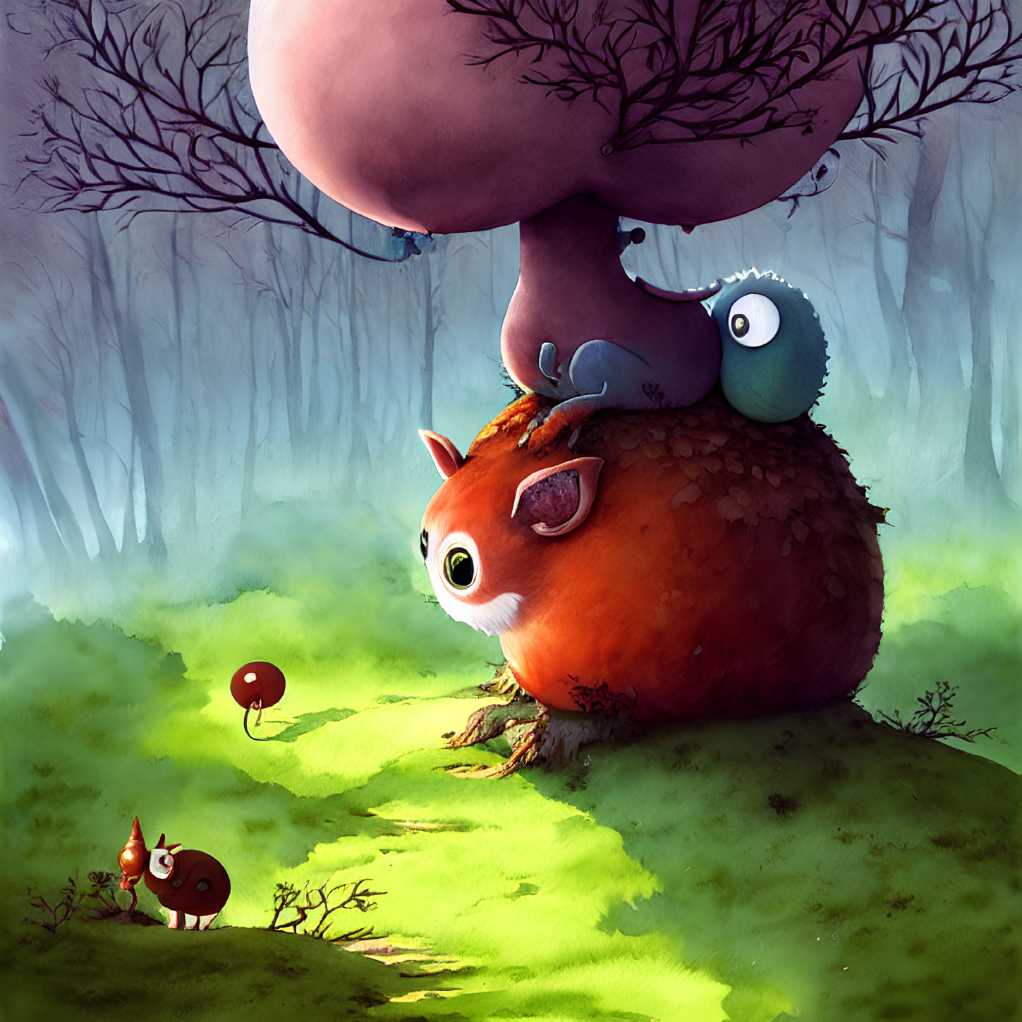Illustration of Large Orange Creature with Small Creatures in Mystical Forest