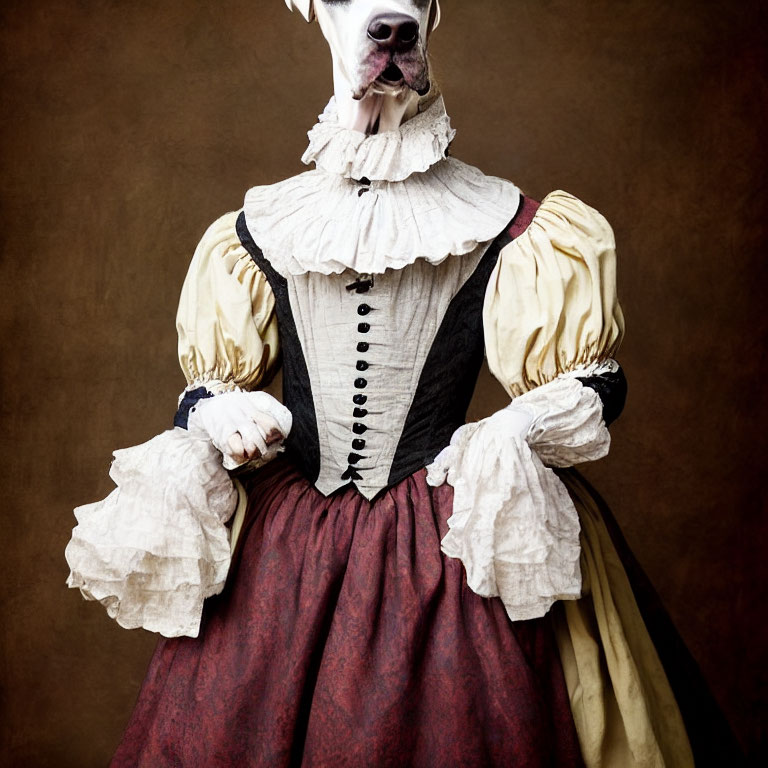 Elaborate period dress with large ruffled collar and dog mask