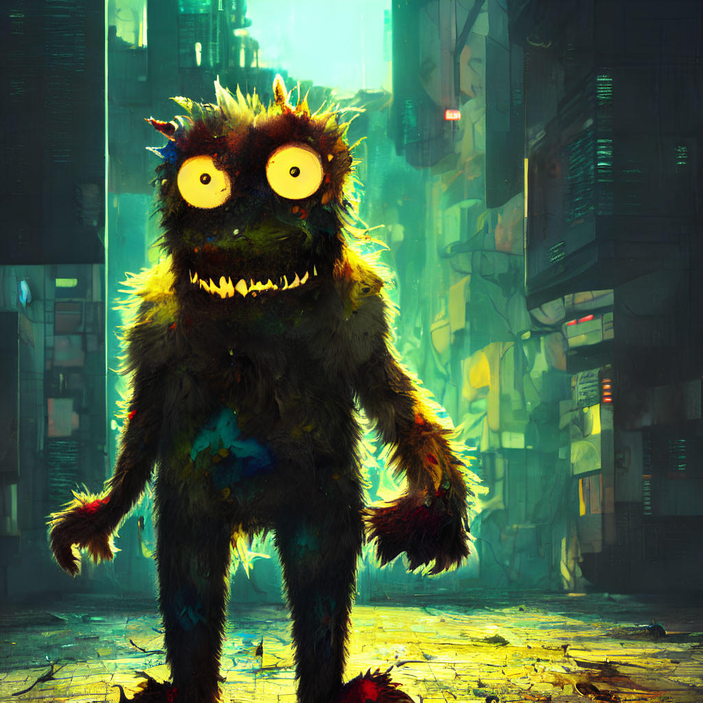 Furry creature with large eyes and sharp teeth in neon-lit urban alley