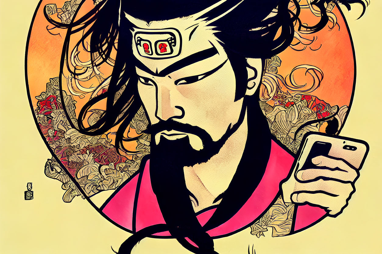 Illustration of man in Asian attire with smartphone on ornate background.