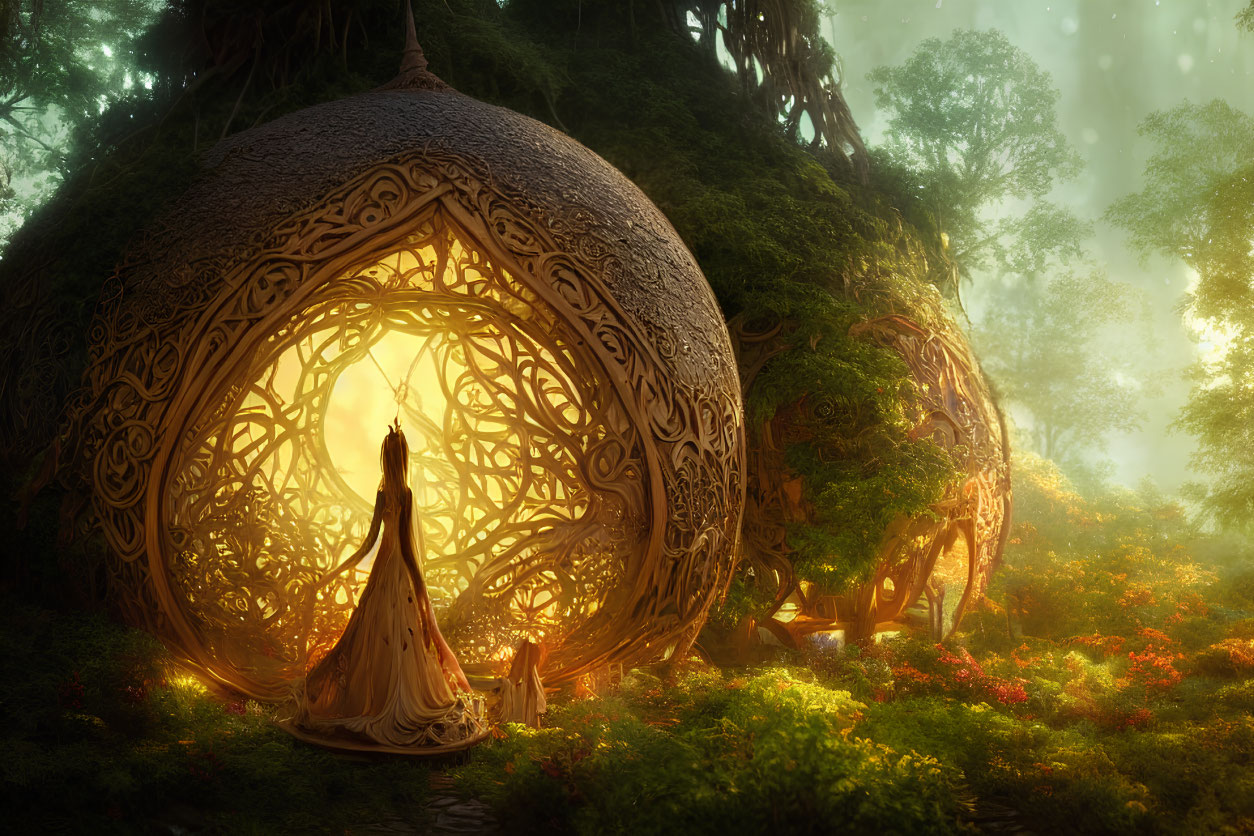 Person in Egg-shaped Structure Surrounded by Forest Clearing