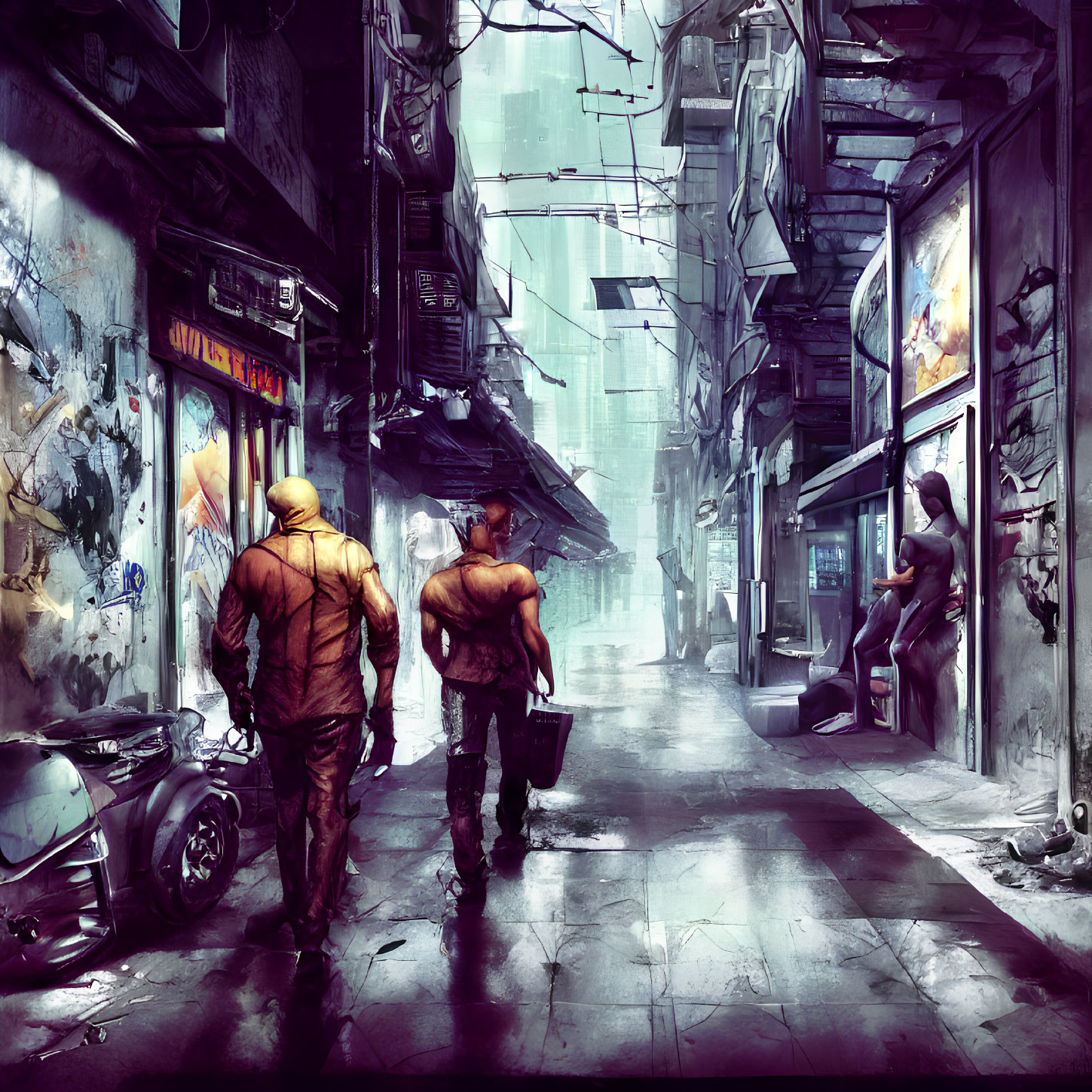 Dystopian alley with graffiti, dilapidated buildings, and futuristic motorcycle