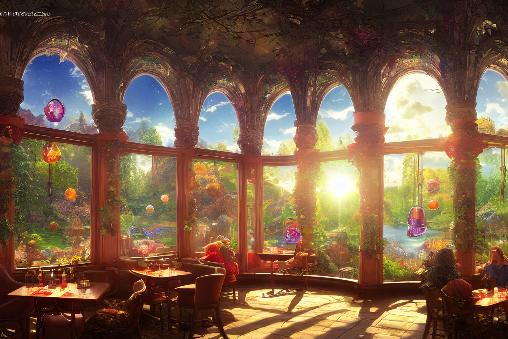 Cafe with Large Windows, Arches, and Floating Light Orbs
