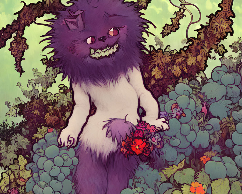 Purple Creature with Grinning Face in Forest with Vines and Grapes
