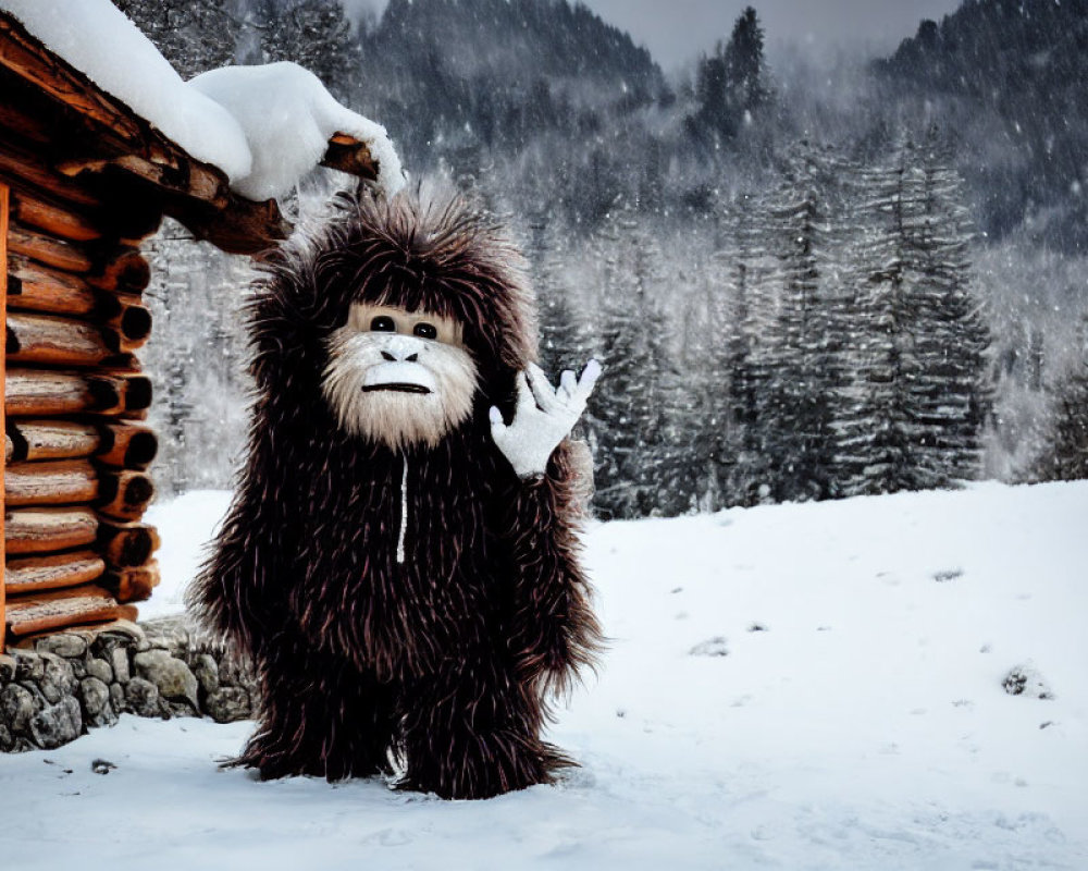 Person in Bigfoot costume waving in snowy landscape with cabin and pine trees.