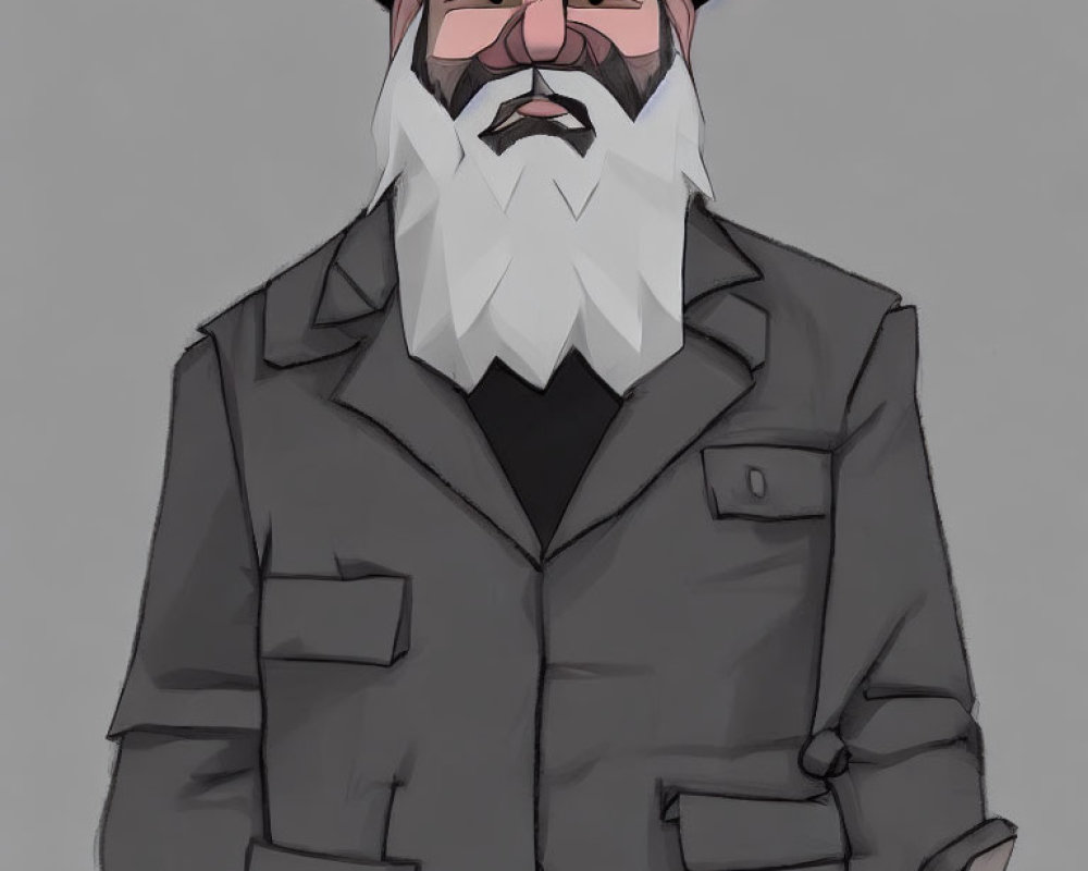 Illustration of stern man with bushy white beard in gray military-style jacket