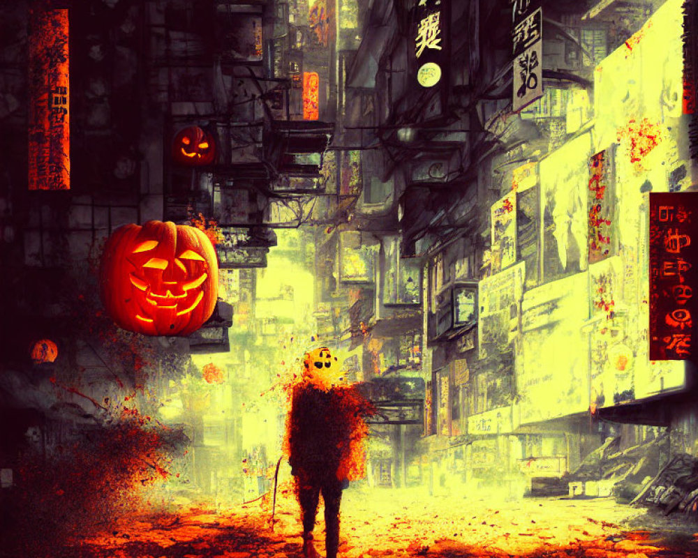 Dystopian alley with glowing jack-o'-lantern and pumpkin-headed figure