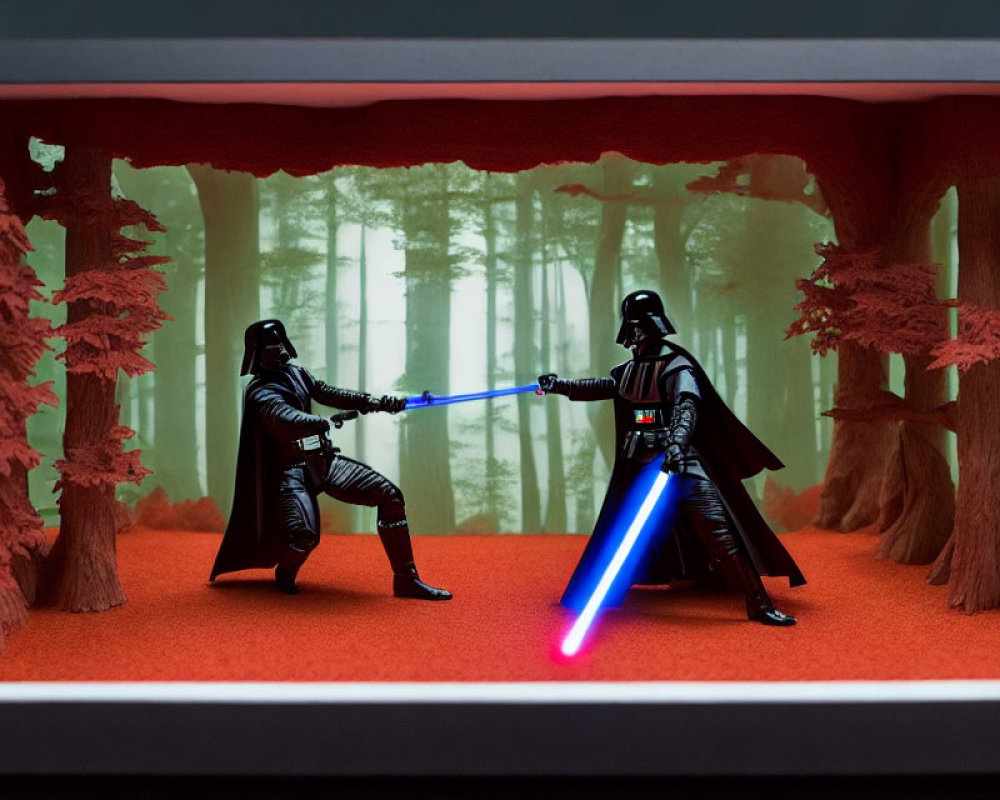 Darth Vader diorama with crossed light sabers in forest setting