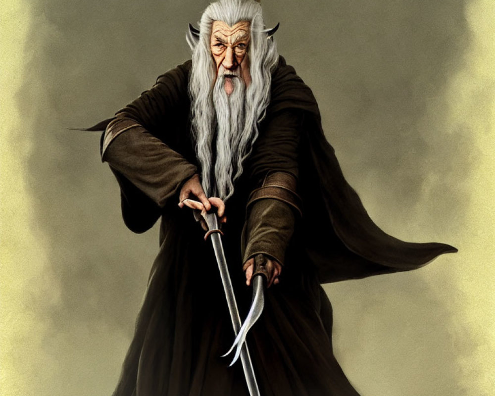 Elderly wizard illustration in robes with staff on golden backdrop