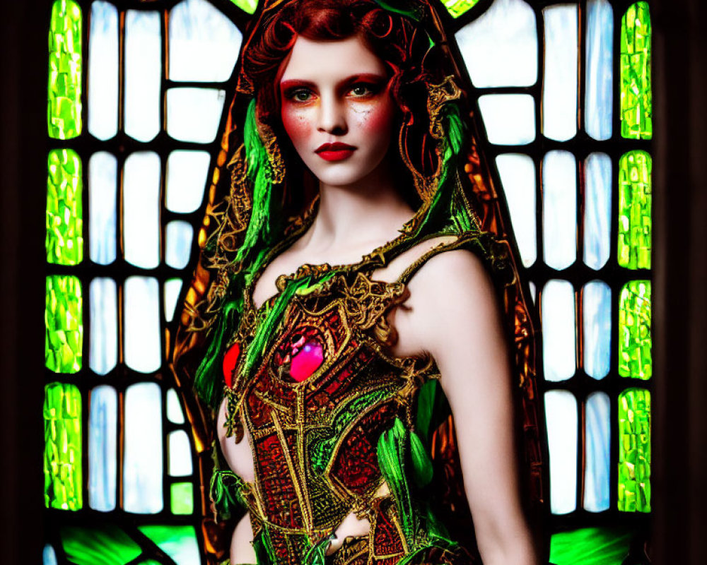 Red-haired person in green and gold costume against stained-glass window