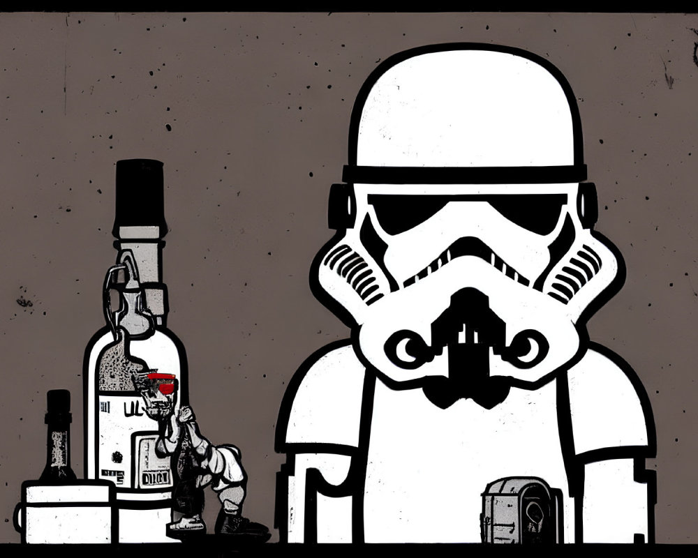 Stormtrooper illustration with vodka bottle and glass on table