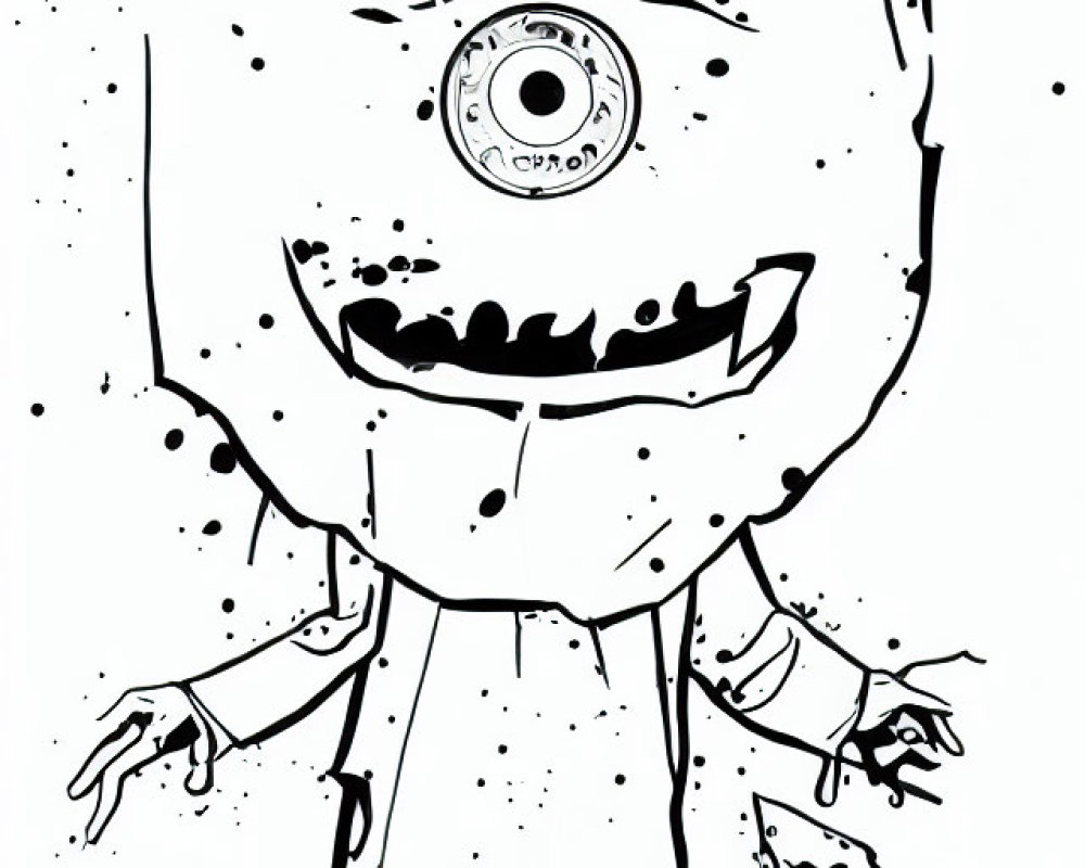 Monochrome cartoon robot with one eye and circular body in playful ink style