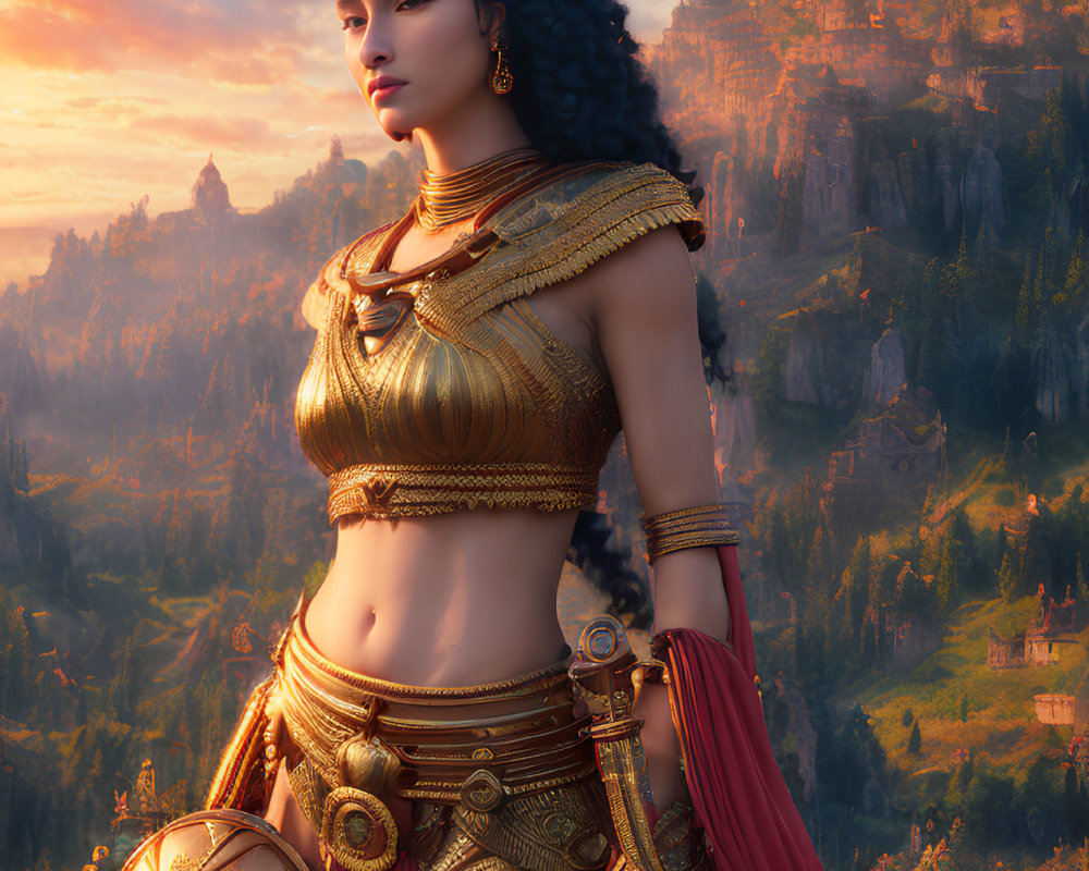 Female warrior in golden armor against mountain landscape at sunset