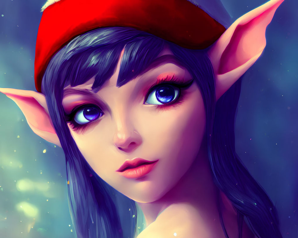 Female elf with pointy ears and blue eyes in red and white hat on starry background