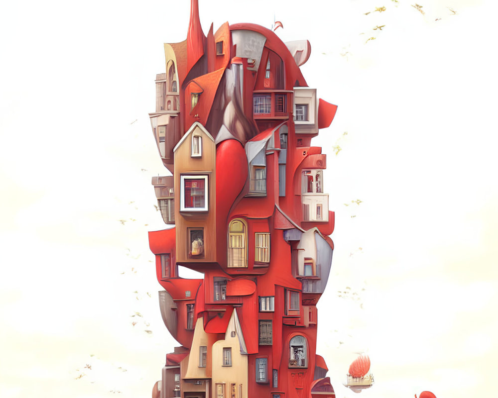 Whimsical vertical face-shaped houses in red and orange hues with hot air balloon against pale sky