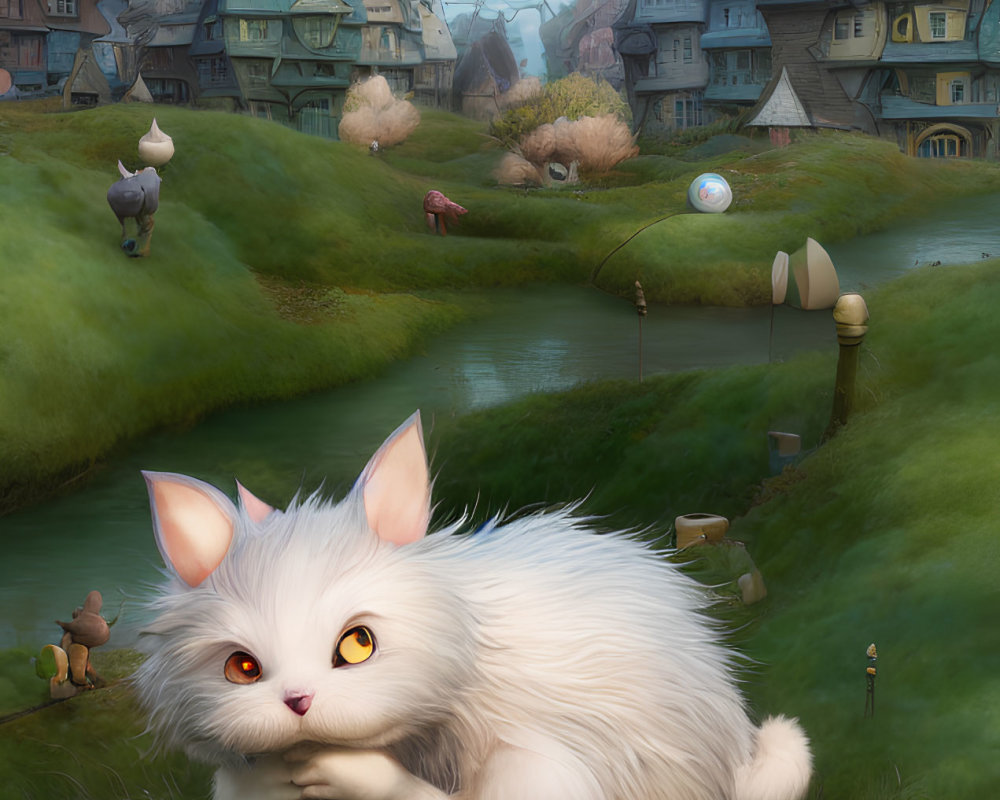 Fluffy white cat with yellow eyes in whimsical village landscape