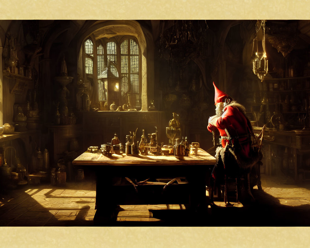 Person in red cape and hat at wooden table in medieval-style room with bottles and books, sunlight streaming