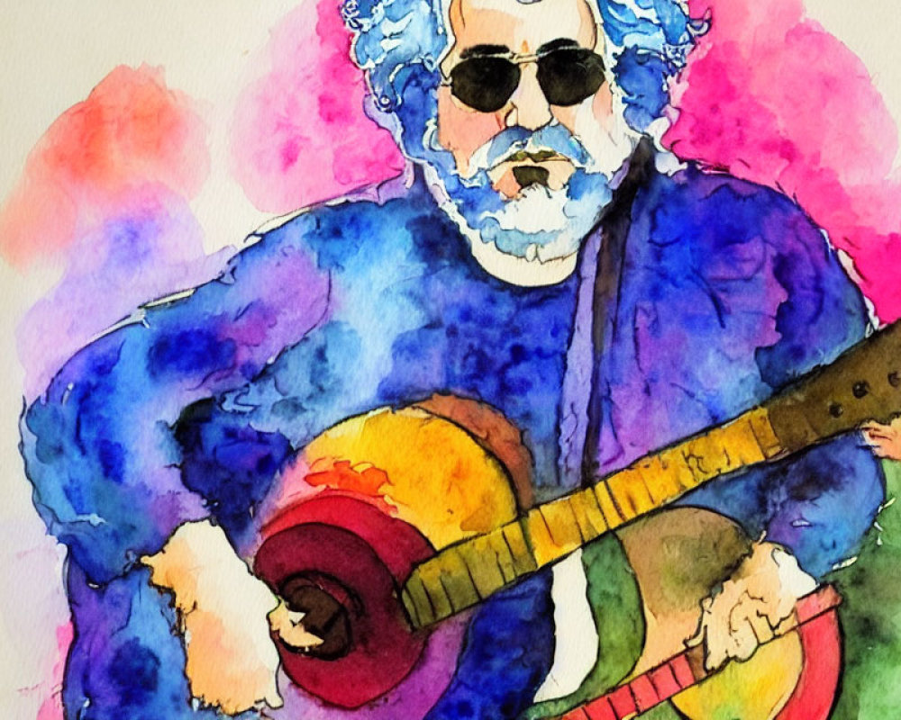 Vibrant Watercolor Portrait of Bearded Man Playing Guitar