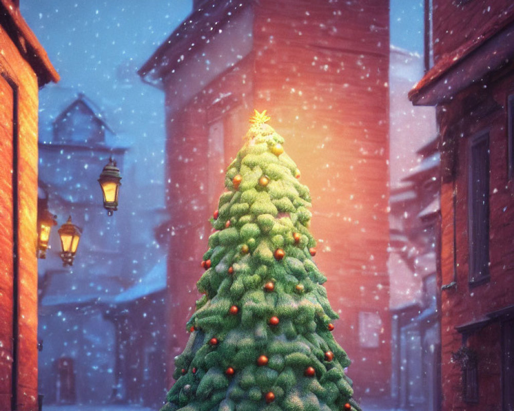 Decorated Christmas tree in snowy street with warm streetlights