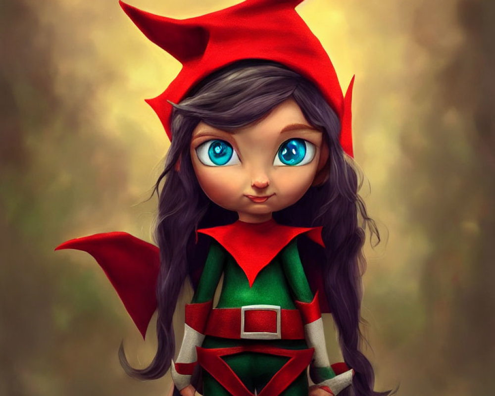 Whimsical character in red and green elf costume with large blue eyes