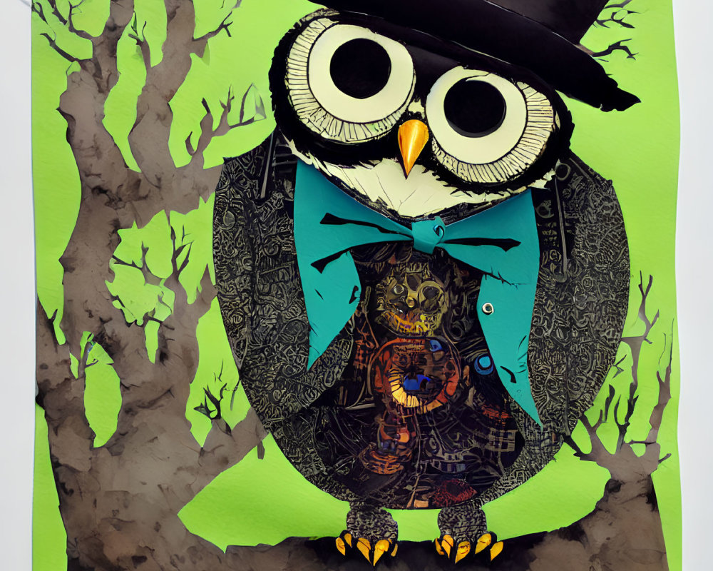 Stylized owl with top hat and bow tie on green background