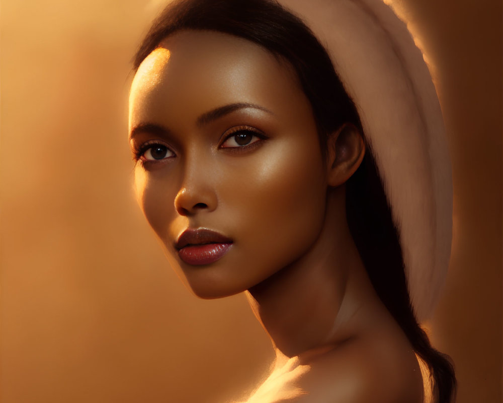 Serene woman portrait with warm light and subtle makeup
