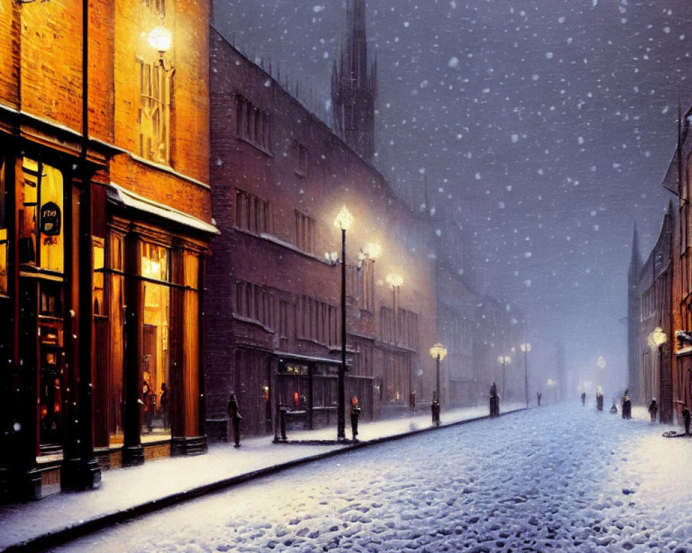 Snowy Night Street Scene with Illuminated Buildings and Figures