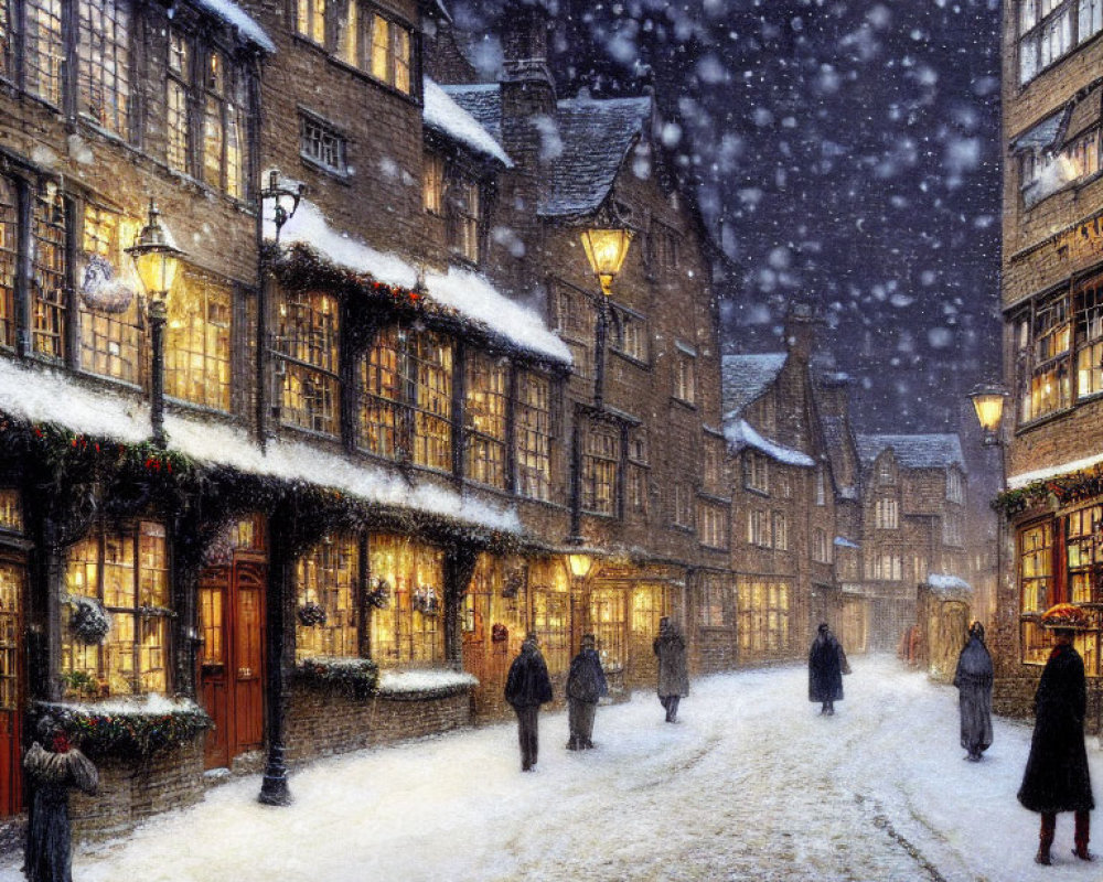 Snowy Twilight Scene of People in Quaint Village with Festive Decorations