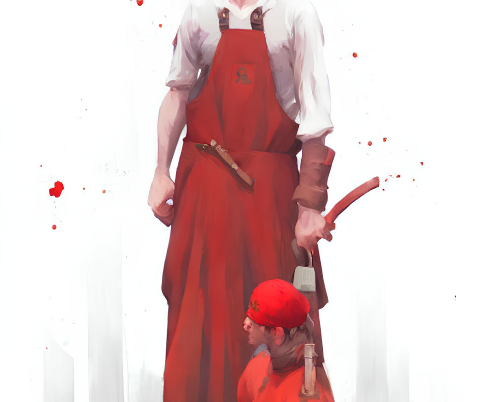 Digital painting featuring two people, one in chef's attire holding a knife, the other seated, both