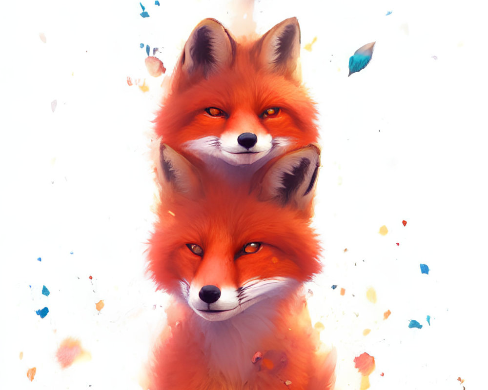 Colorful digital artwork of three red foxes in a vertical alignment, with vibrant paint splatters and