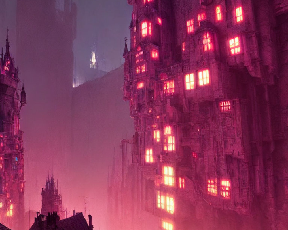 Misty cyberpunk cityscape with neon-lit Gothic architecture at dusk