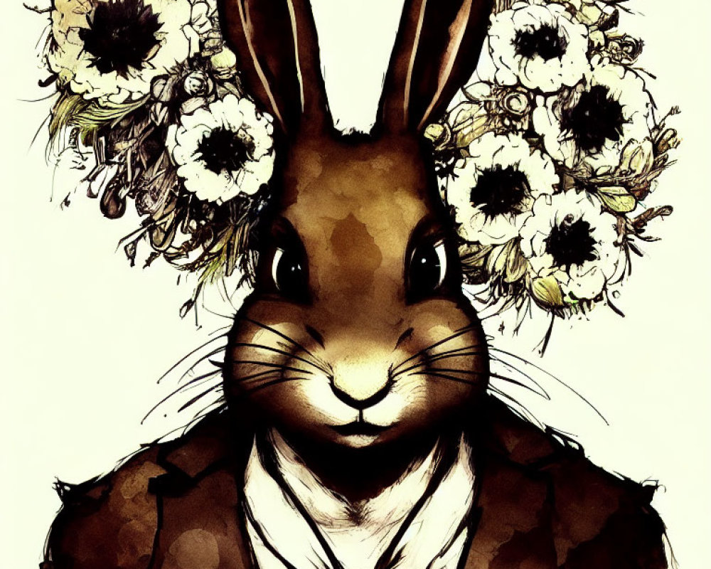 Illustration of rabbit in formal suit with flower crown