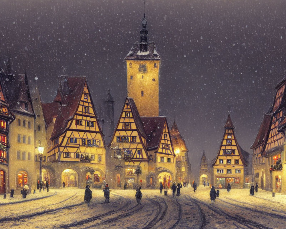 Snowy winter village with half-timbered houses and tower in dusk snowfall