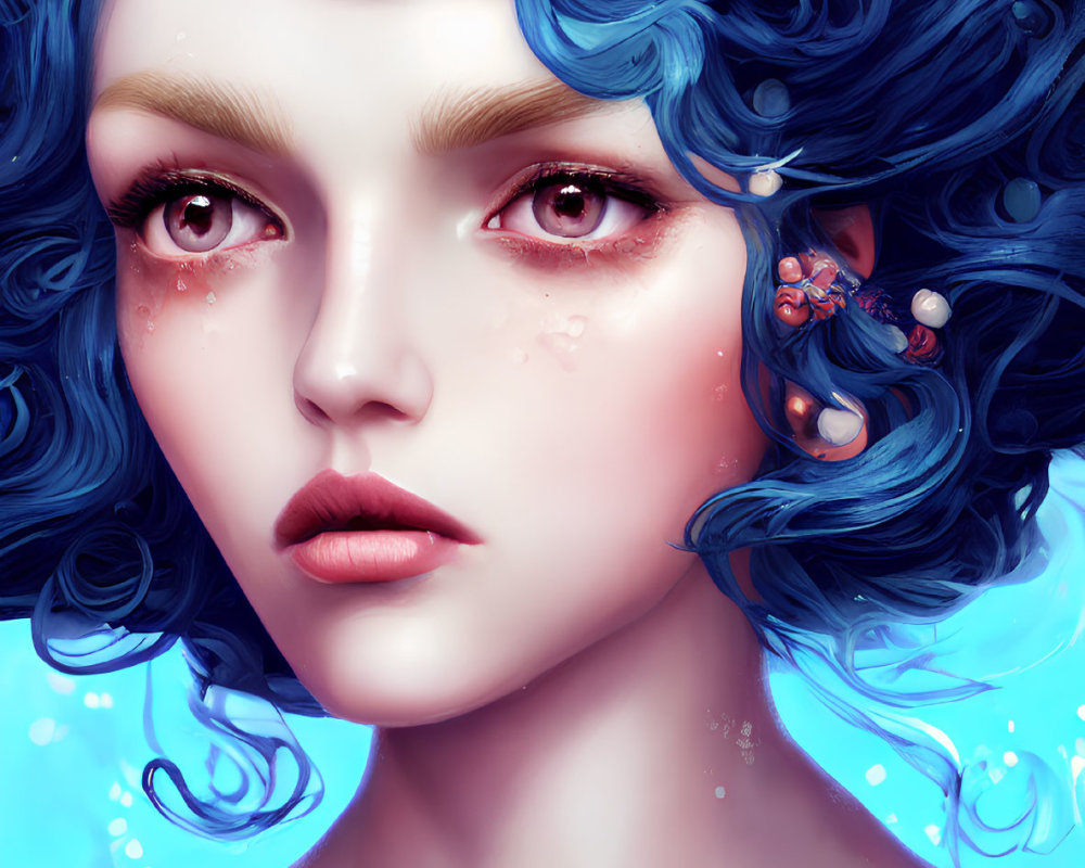 Digital portrait of woman with vibrant blue hair, red flowers, pearls, and bubbles on light blue background