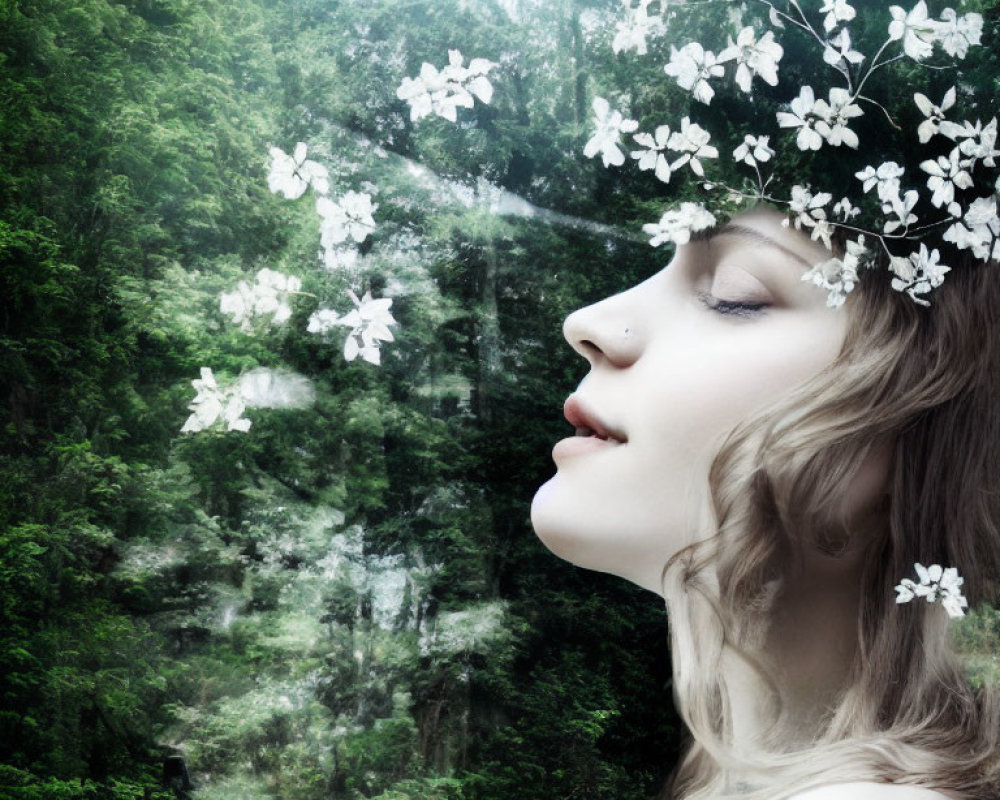 Woman with Floral Crown Blended in Forest Background