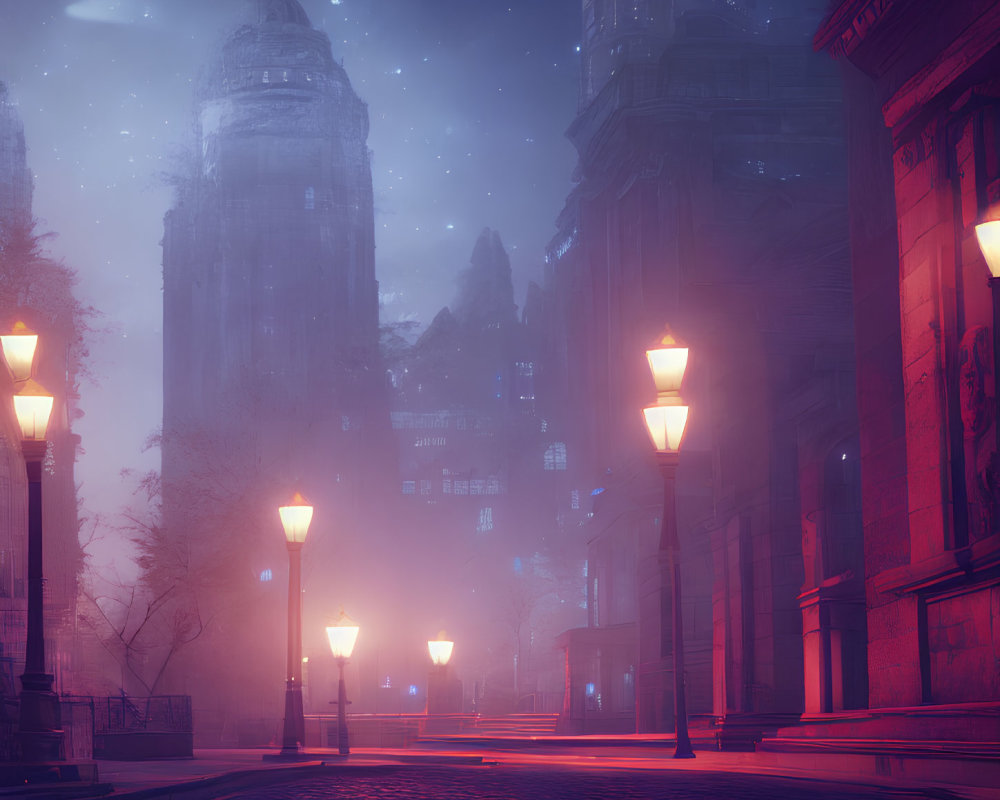 Misty twilight cityscape with glowing street lamps and old buildings under a starry sky