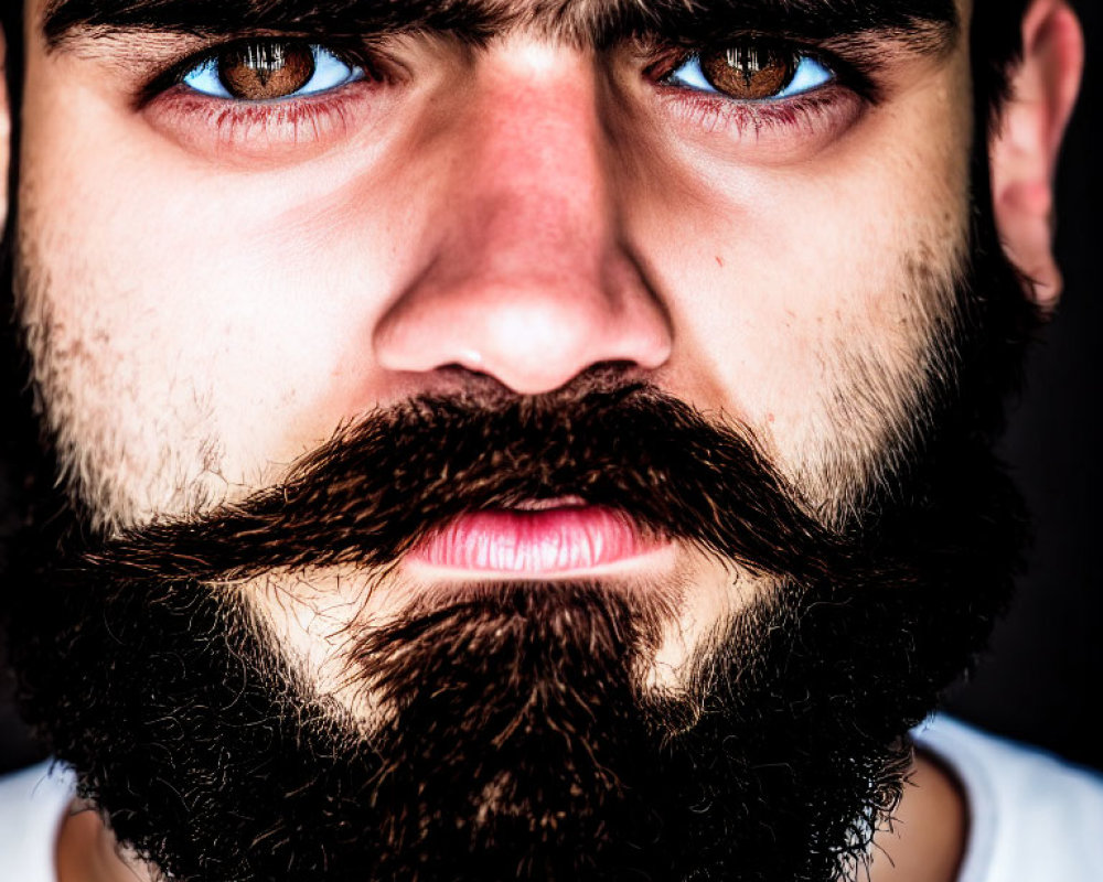 Intense blue-eyed man with dark beard on dark background