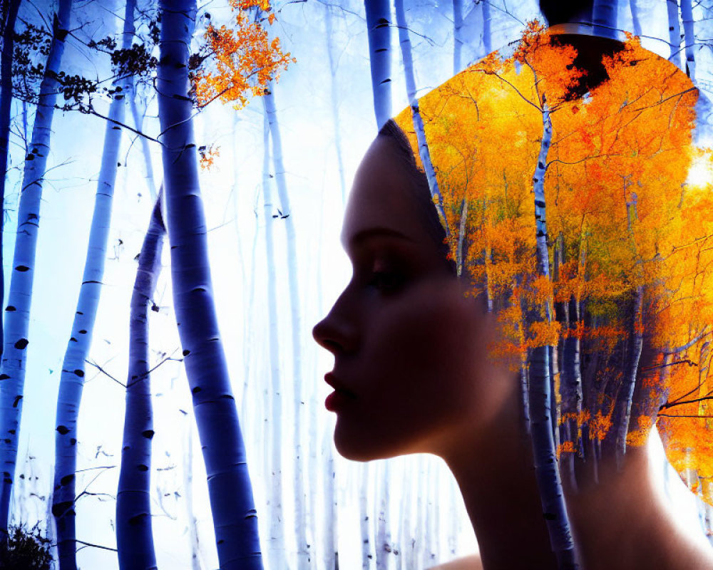 Double exposure image blending woman's profile with autumnal tree and birch trees against blue sky