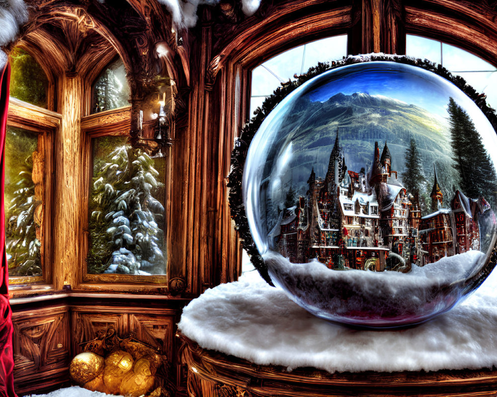 Elegant room with large snow globe featuring wintry castle next to snowy pine trees.