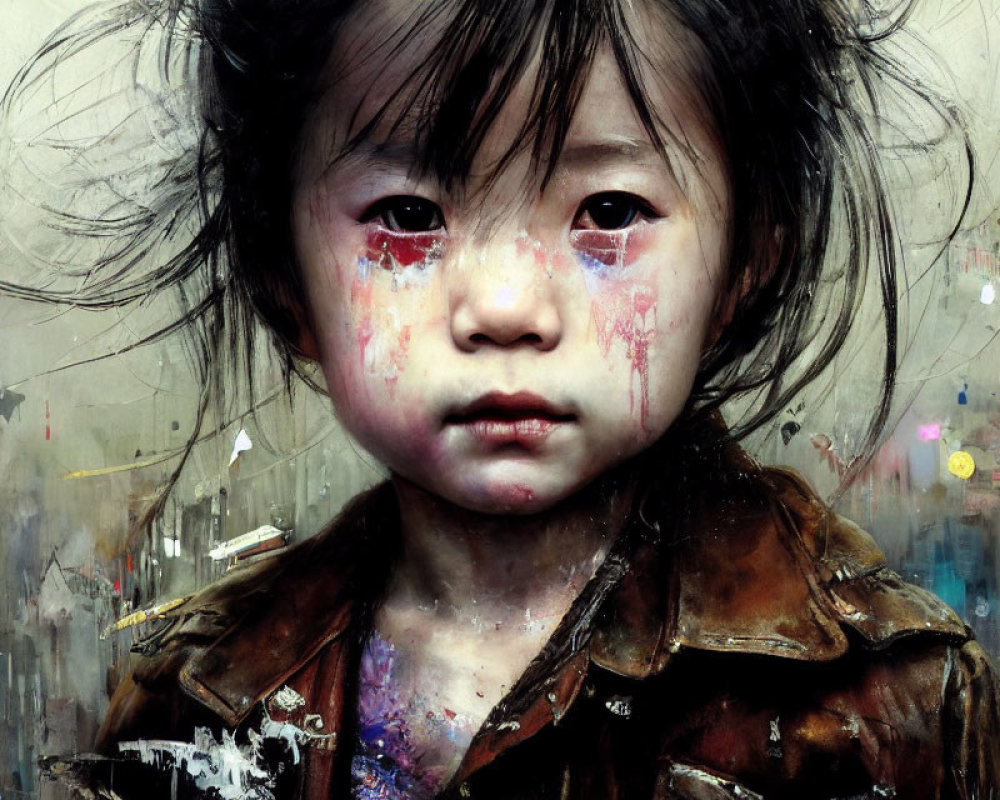 Young girl digital artwork with colorful paint, expressive eyes, messy hair, textured jacket