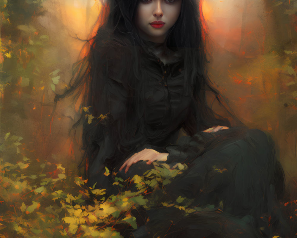 Woman with long dark hair in autumn leaves under soft backlight.