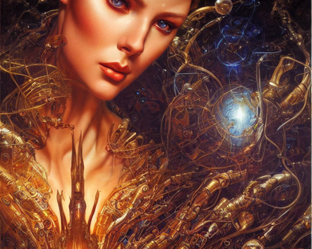 Detailed Steampunk Woman with Mechanical Elements and Glowing Blue Orbs