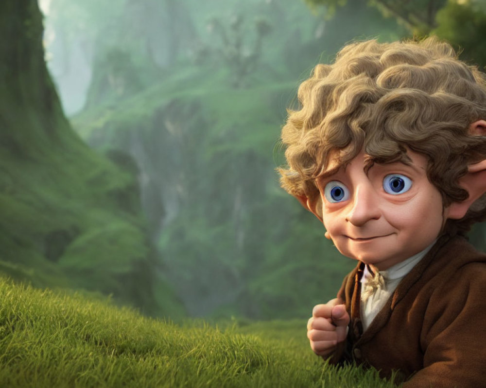 Curly-Haired Hobbit-Like Animated Character in Green Landscape