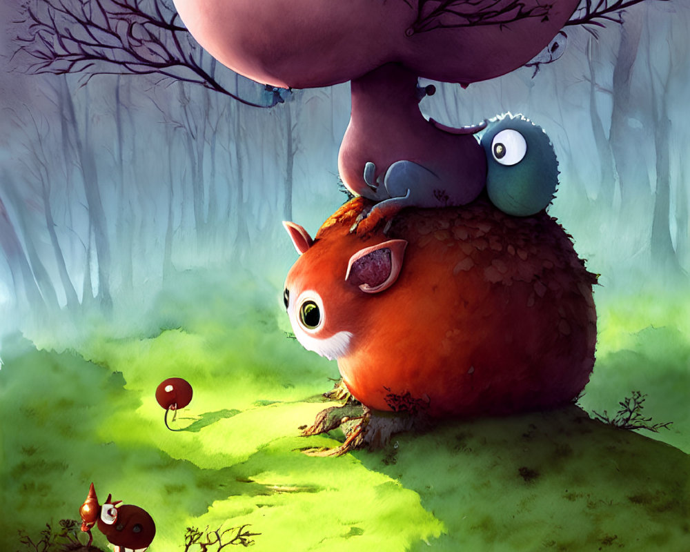 Illustration of Large Orange Creature with Small Creatures in Mystical Forest