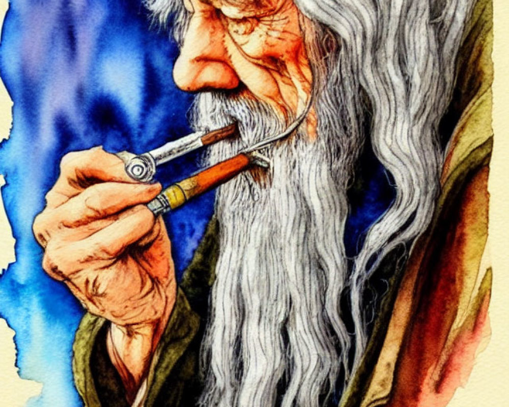 Elderly man with long white beard and pipe on blue watercolor background
