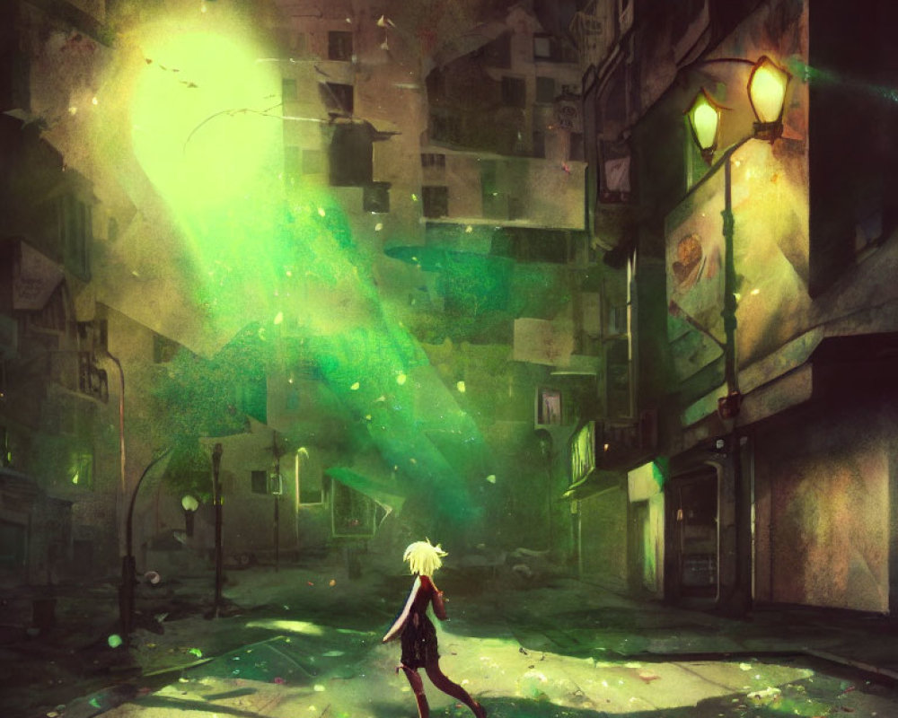 Abandoned city street with surreal green glow