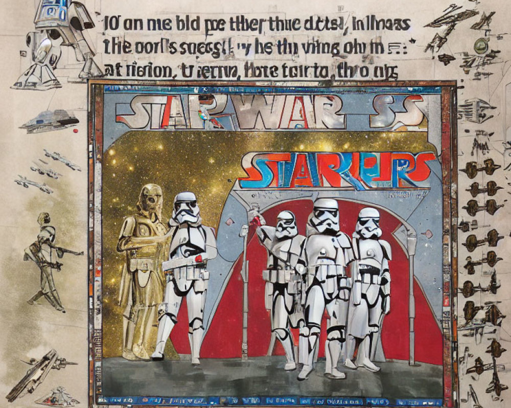 Colorful Vintage Star Wars Poster with C-3PO and Stormtroopers